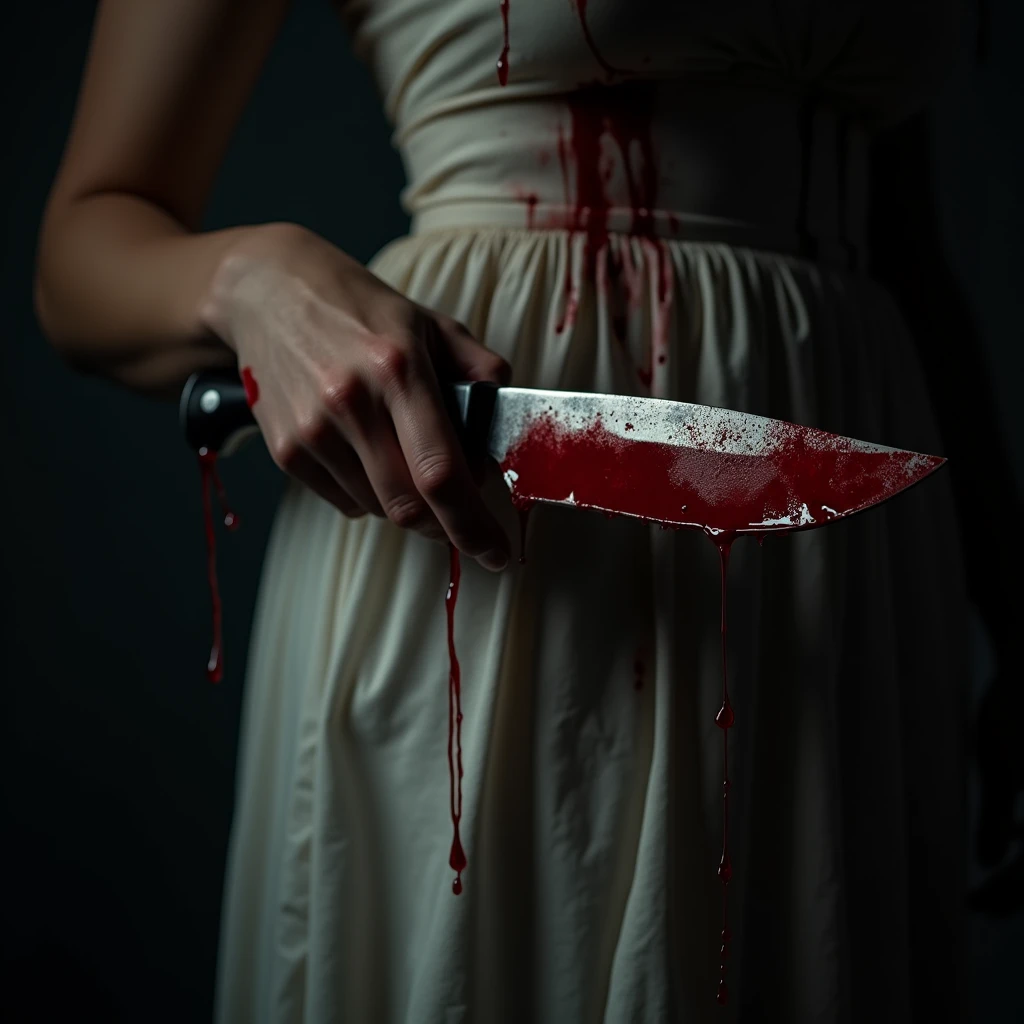 a woman's closeup hands gripping a bloodied large survival knife handle, white dress heavily stained with blood, blood dripping, horror,dramatic lighting,chiaroscuro,gritty,dark,moody,realistic,detailed,hyper-realistic,4k,8k,highres,masterpiece:1.2,ultra-detailed,realistic:1.37,professional,vivid colors,dramatic shadows