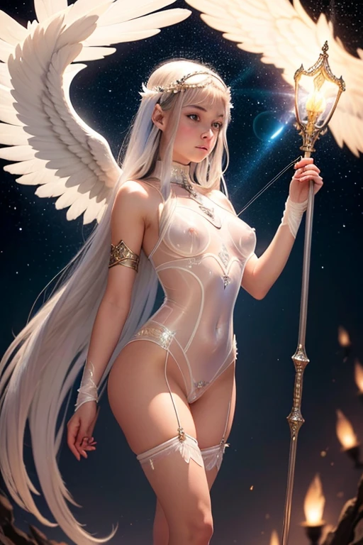 A young 15- yr old native European girl with lovely charminvg face,(pale skin texture masterpiece), (perfect full body detailed anatomy), (Super accessories detailed), (meditating ), (perfect detailed glowing bright eyes),(short illuminating silver crystalized hair),((expose big hard erect nipples))(( exposed panty ))(legs wide open showing pussy line)(( Wearing transparent illuminating costume of an angel)),holding a treasure bow & arrow, (( illuminating different lights covering the sorrounding atmosphere)) Has beautiful large white wings, The character solemnly praying
