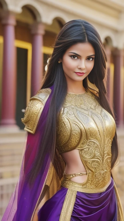(1 girl), full bodyesbian,Saint Seiya Armor, Wearing the golden armor of an Aries,sexy armor, Detailed armor pattern,Bling armor,Gorgeous Hair in Long Purple,Long hair,Shiny skin:1.4,primitive,tmasterpiece,ultra fine photos,,best qualtiy,Ultra-high resolution,Photoreality,rays of sunshine,full-body portraits,stunningly beautiful,dynamicposes,delicated face,Vibrant eyes,(seen from the side),Red and gold color scheme,Very detailed stone temple background,detailed face with,Detailed and complex busy background,untidy,opulent,Highly detailed skin,Realistic details of skin,Visible Pore,tack sharp focus,volume fog,8K UHD,digital SLR camera,high qulity,filmgrain,White skin of the,photo-realism,DL, look from down, semi transparent