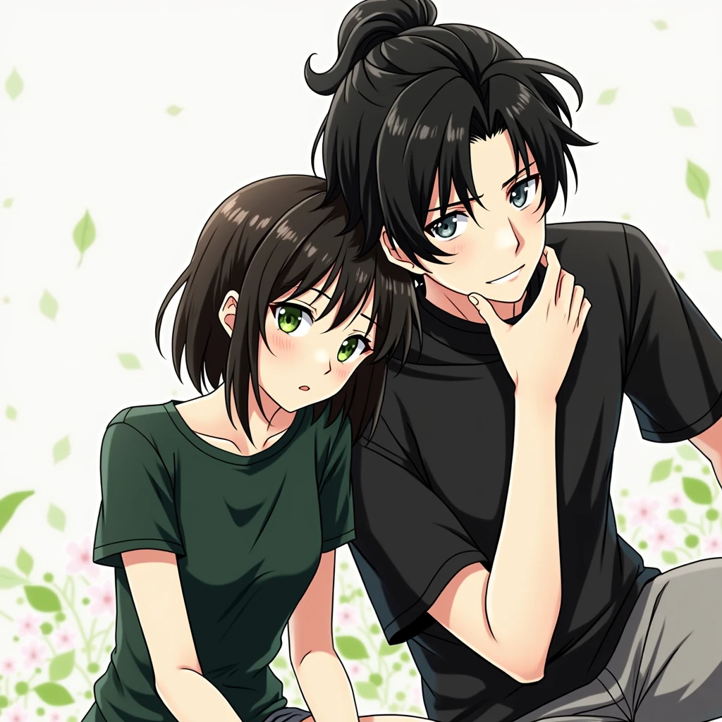 A guy with long black hair, Beautiful face, grey eyes, beautiful body, pale skin, He's sitting with a girl with black hair down to her shoulders., green eyes, dark green shirt, gray shorts, realistically, masterpiece, Best quality, detailing, anime art, фотоrealistically