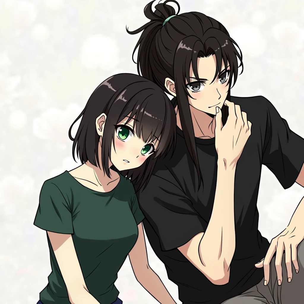 A guy with long black hair, Beautiful face, grey eyes, beautiful body, pale skin, He's sitting with a girl with black hair down to her shoulders., green eyes, dark green shirt, gray shorts, realistically, masterpiece, Best quality, detailing, anime art, фотоrealistically