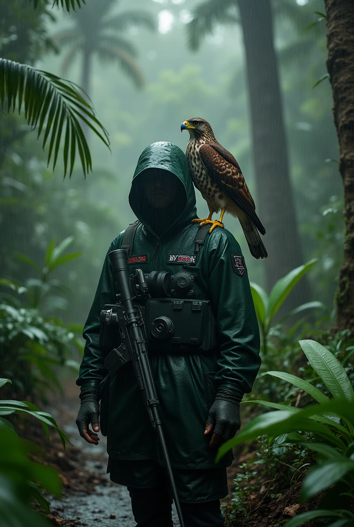 Sniper with tactical gear and dark green poncho, falcone on his shoulder , in a rainforeest environment with rain and skier with dark clouds