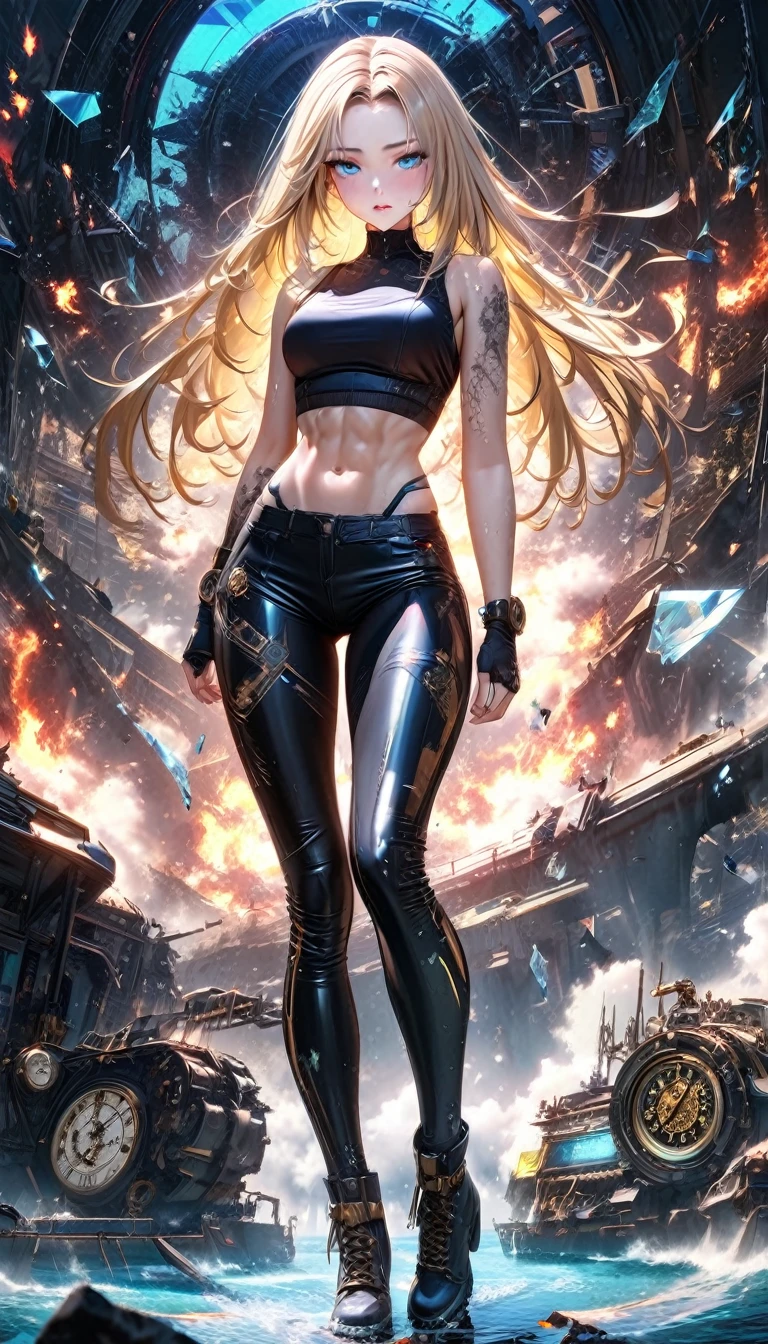 seamless Integration, -faceutiful girl, attractive and seductive expression, shy, blonde straight hair, forehead, make-up, blue eyes, superlative body proportion, abs, covered in tattoos, wearing crop tanktop, tight fitting leather pants, heavy engineer boots, shattered cracked glass, fusion of (cyber, diesel, clock, steam) punk and (water, fire, earth, wind) punk, conceptual installation art, 2.5D, delicate and dynamic, iridescent effects, artistic, hyper, graphic CG digital art