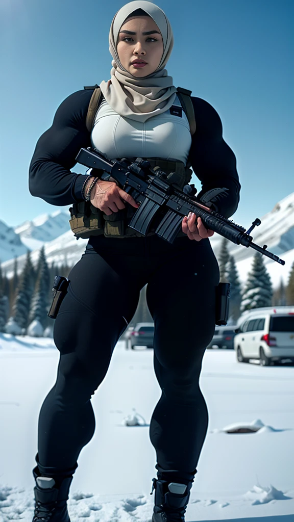 Photorealistic, high resolution, 1 malay woman in hijab, Solo, Hips up, Snow background，view the viewer, (Detailed face), White hijab, SWAT vests, sniper rifle handle, Black military uniform, bulletproof vest, Holding an assault rifle, M16, Inside the city, Very detailed, Perfect face, Black eye, jewelry