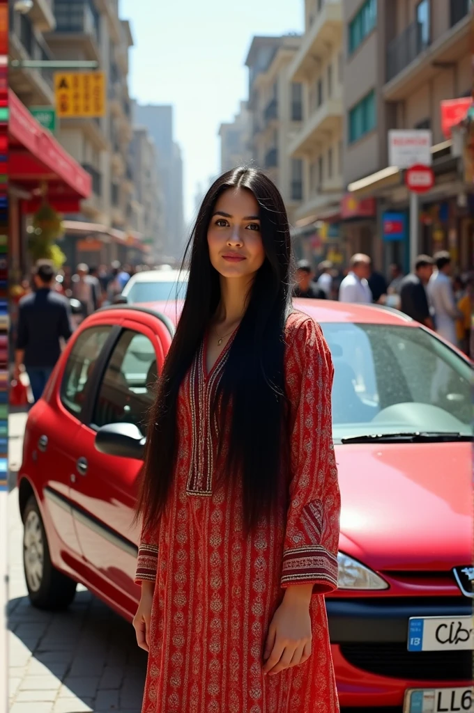 Draw a girl with long black hair of Iranian descent in the streets of Tehran and a red 206 with an Iranian license plate