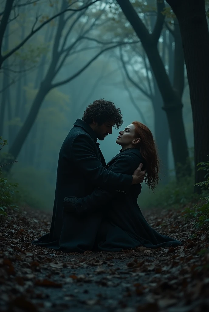 Newt Scamander kneeling on the ground crying in pain while holding the lifeless body of a brown haired woman, dark atmosphere, angle from below