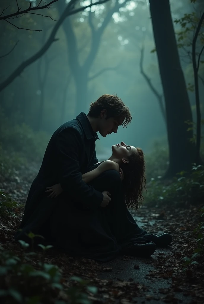 Newt Scamander kneeling on the ground crying in pain while holding the lifeless body of a brown haired woman, dark atmosphere, angle from below