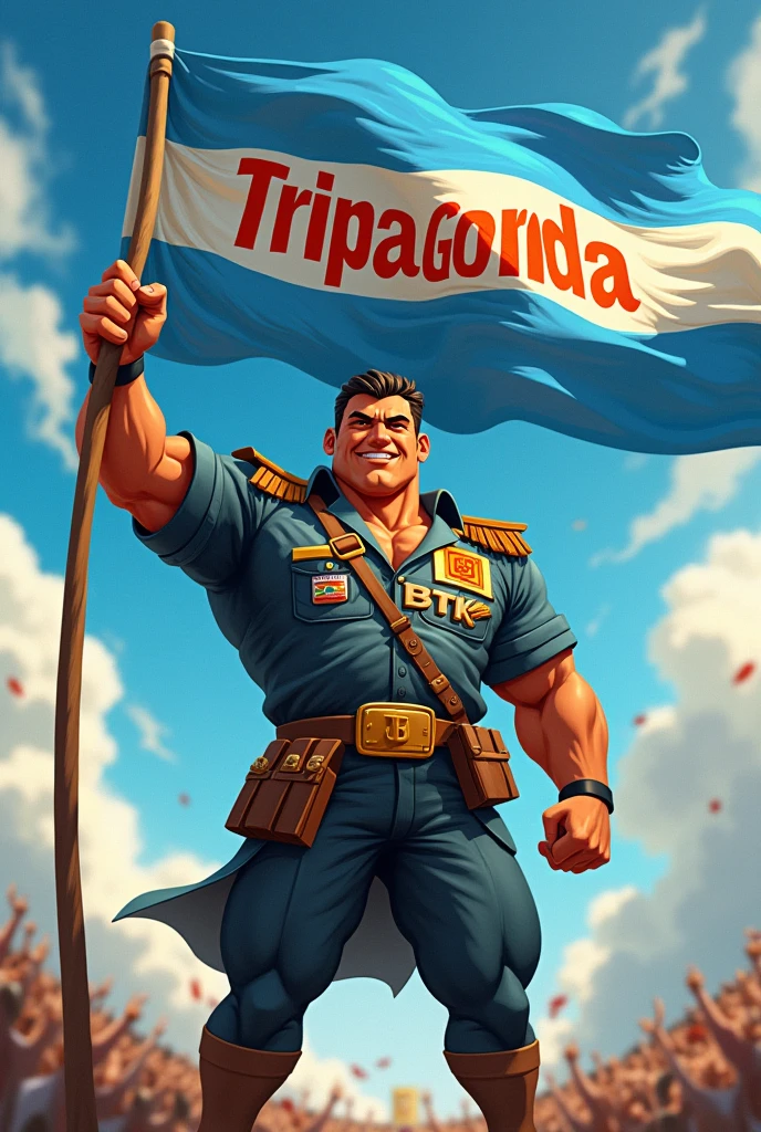 Animated persona dressed in war attire with a sign that says TripaGorda and a large insignia on the chest that says BTK. Argentine flag background