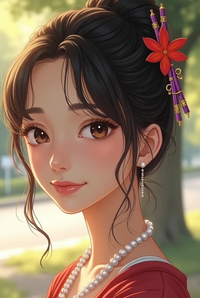 16 year old teenager. expressive brown eyes and long eyelashes. refined nose and full lips slightly smiling. slightly tanned complexion. black hair. A bun adorned with gold and purple chopsticks. She has a wispy curtain fringe. Her hair falls down her face in loose waves. wearing a top. She wears a pearl necklace tight against her neck with a red flower at its center. with pearl earrings. old selfie style looking straight ahead.