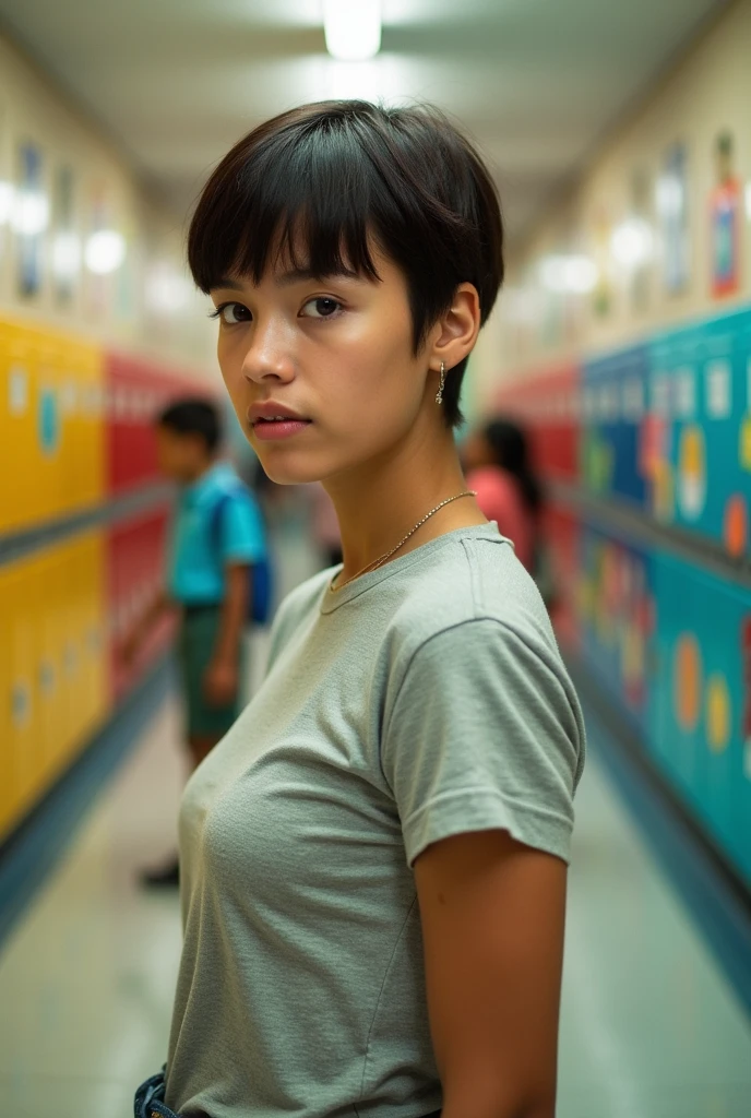 A high school girl with short hair wearing a shirt that accentuates her breasts.。
