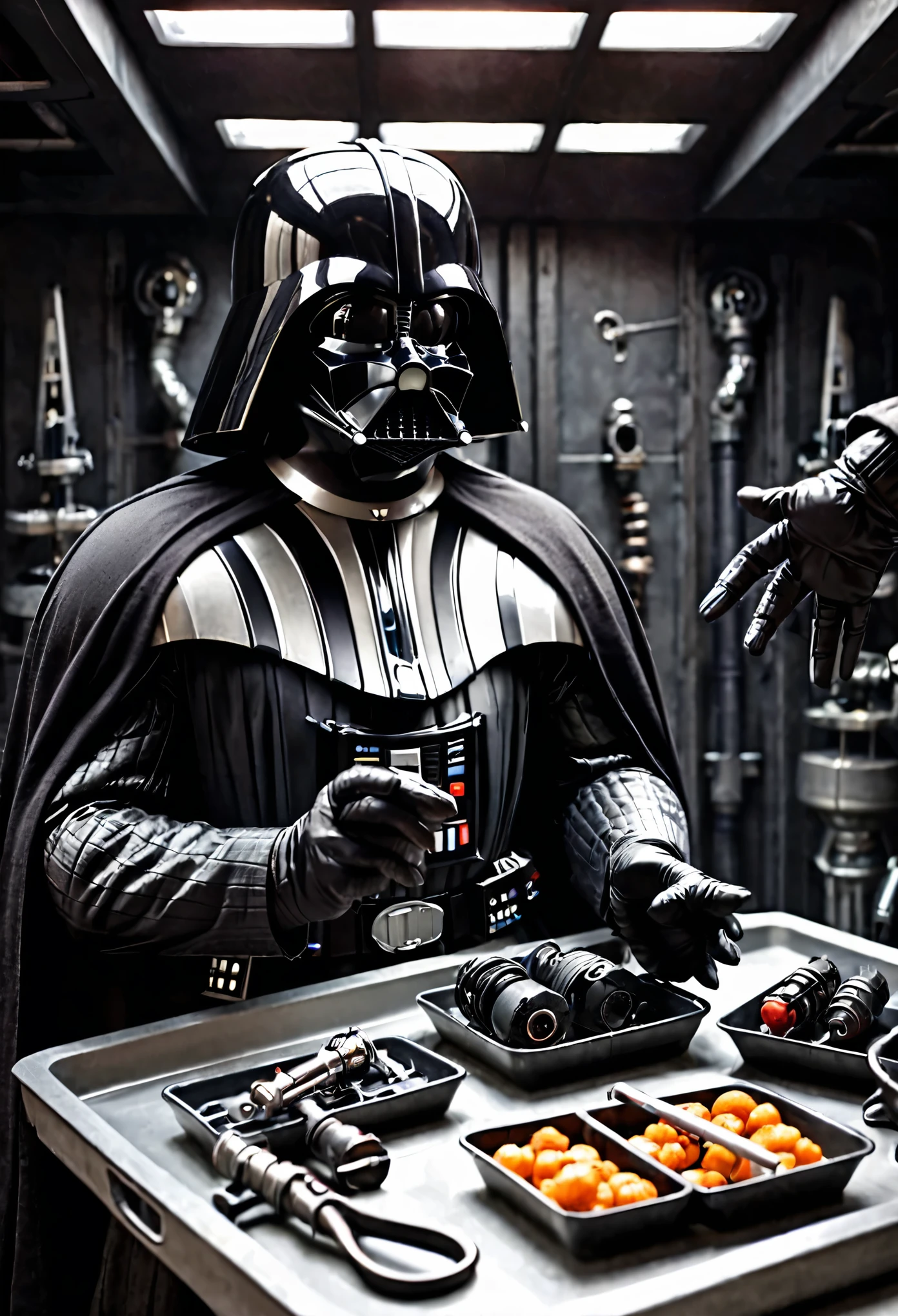 Darth Vader is inspecting a tray of torture instruments. Death Star torture room. Close up on the hands. (hand)