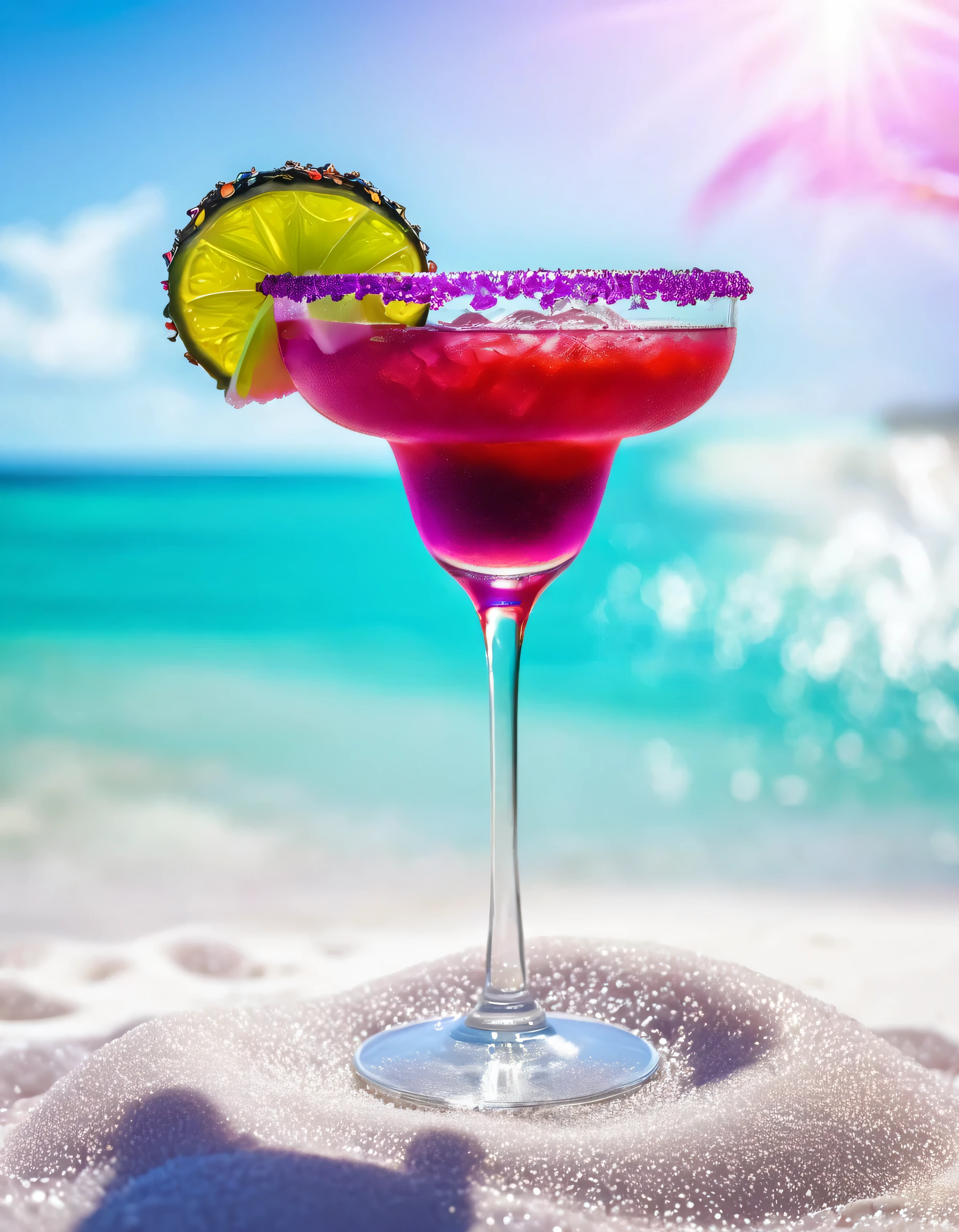 Sophisticated purple. A red margarita cocktail with ice ,View of a tropical beach on a sunny day、White sand beach、Turquoise Sea、