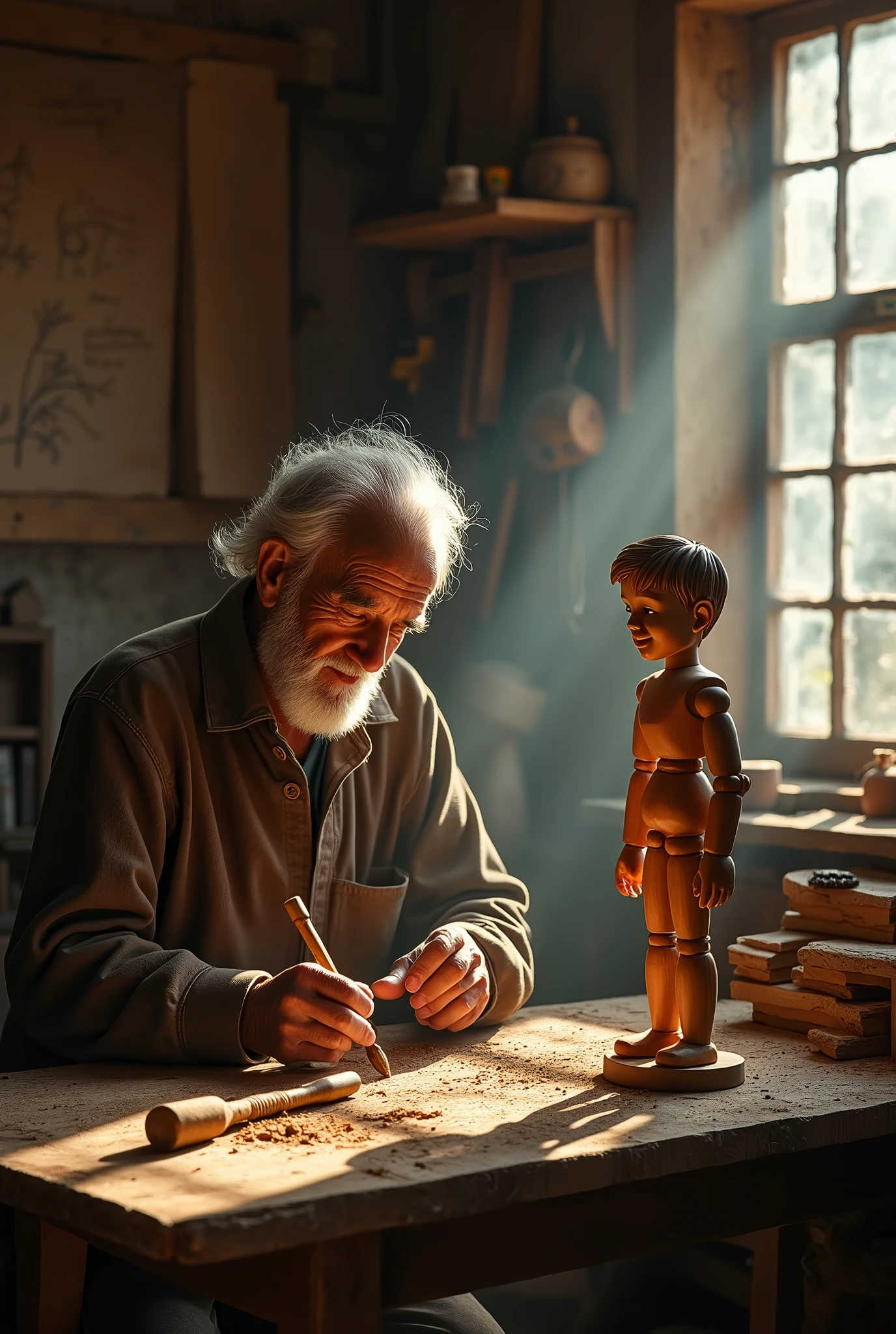 An old man build a wooden almost complete wooden boy and wooden boy height 4 fit