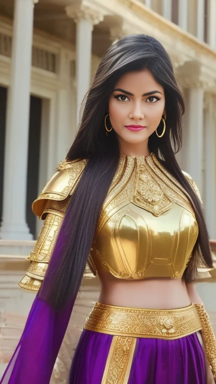 (1 girl), full bodyesbian,Saint Seiya Armor, Wearing the golden armor of an Aries,sexy armor, Detailed armor pattern,Bling armor,Gorgeous Hair in Long Purple,Long hair,Shiny skin:1.4,primitive,tmasterpiece,ultra fine photos,,best qualtiy,Ultra-high resolution,Photoreality,rays of sunshine,full-body portraits,stunningly beautiful,dynamicposes,delicated face,Vibrant eyes,(seen from the side),Red and gold color scheme,Very detailed stone temple background,detailed face with,Detailed and complex busy background,untidy,opulent,Highly detailed skin,Realistic details of skin,Visible Pore,tack sharp focus,volume fog,8K UHD,digital SLR camera,high qulity,filmgrain,White skin of the,photo-realism,DL, look from down, semi transparent