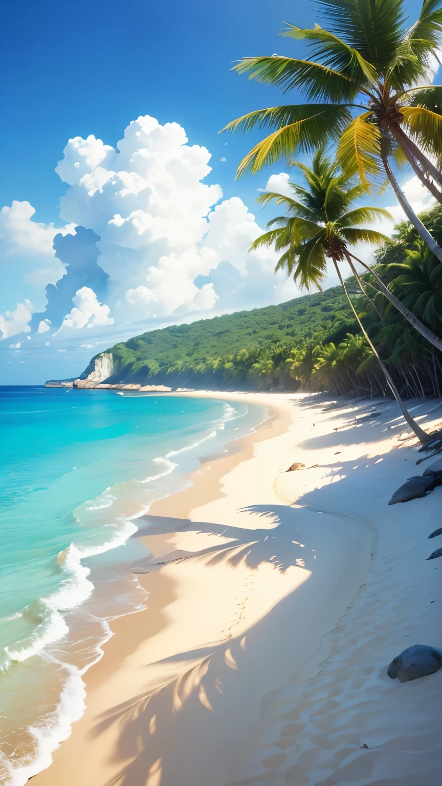 (Realistic,photoRealistic:1.37),Peaceful beach,Calm sea,Calm waves,Sandy Beach,Soft white sand,Crystal clear water,Peaceful atmosphere,Warm sunshine,Coconut Tree,quiet horizon,Pleasant breeze,Tropical paradise