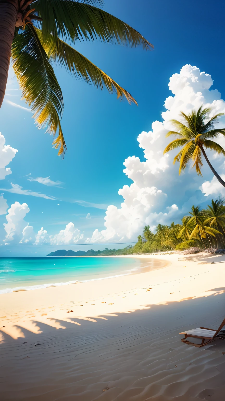 (Realistic,photoRealistic:1.37),Peaceful beach,Calm sea,Calm waves,Sandy Beach,Soft white sand,Crystal clear water,Peaceful atmosphere,Warm sunshine,Coconut Tree,quiet horizon,Pleasant breeze,Tropical paradise
