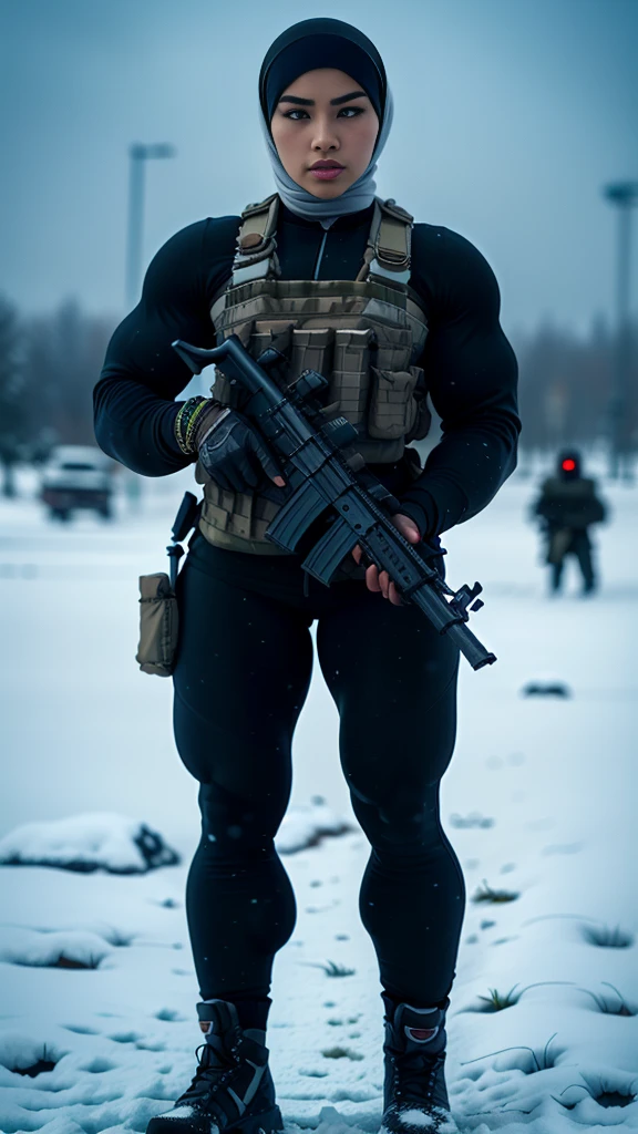 Photorealistic, high resolution, 1 malay woman in hijab, Solo, Hips up, Snow background,view the viewer, (Detailed face), White hijab, SWAT vests, sniper rifle handle, Black military uniform, bulletproof vest, Holding an assault rifle, M16, Inside the city, Very detailed, Perfect face, Black eye, jewelry