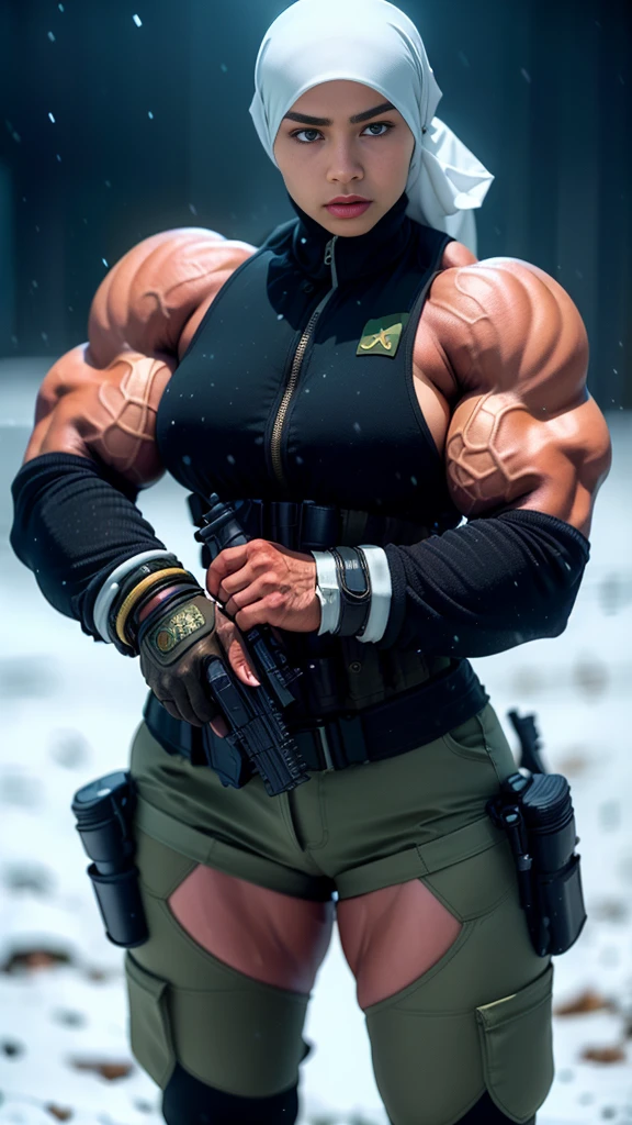 Photorealistic, high resolution, 1 malay woman in hijab, Solo, Hips up, Snow background,view the viewer, (Detailed face), White hijab, SWAT vests, sniper rifle handle, Black military uniform, bulletproof vest, Holding an assault rifle, M16, Inside the city, Very detailed, Perfect face, Black eye, jewelry