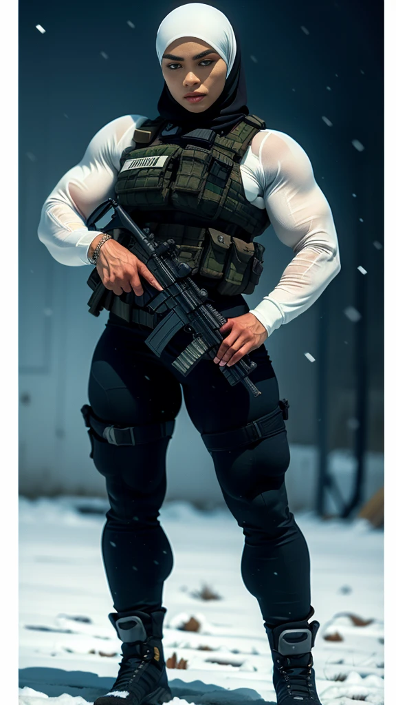 Photorealistic, high resolution, 1 malay woman in hijab, Solo, Hips up, Snow background，view the viewer, (Detailed face), White hijab, SWAT vests, sniper rifle handle, Black military uniform, bulletproof vest, Holding an assault rifle, M16, Inside the city, Very detailed, Perfect face, Black eye, jewelry