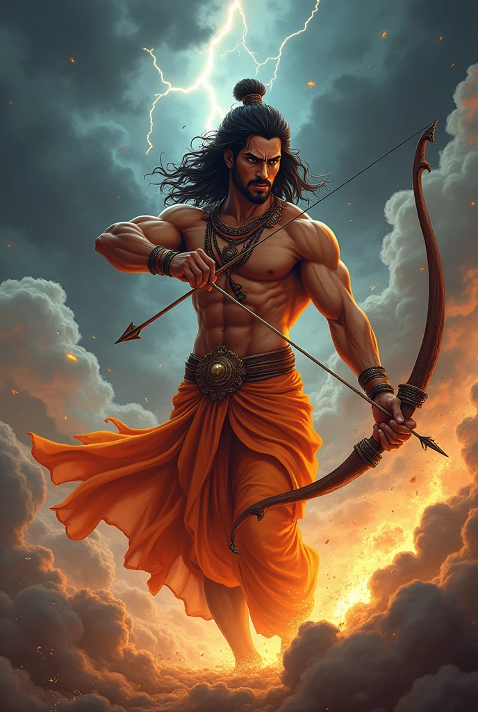 Shree ram anime character, archer in hands , with action, danger in sky , angry, with orange dhoti, upper body naked, ripped body , aesthetic, killing raavan with archer