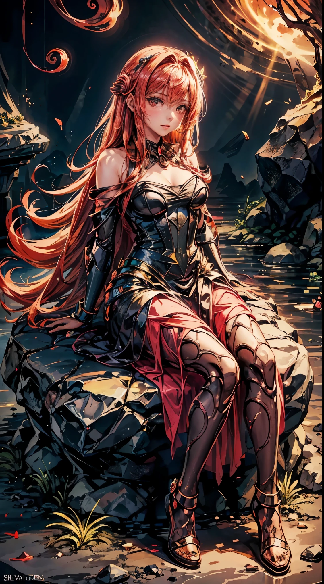 full body illustration of a female lava monster, made out of lava and black rocks, gorgeous woman, sitting on a rock, detailed gala dress, fire design in dress, saturated red colors, sensual pose
