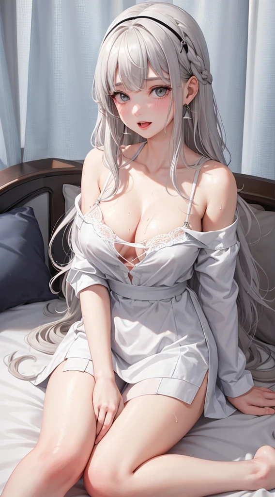 1Girl, 25 years old, Solo, Anime, Ideal body, (Cleavage, Small breast). Beautiful, Gorgeous, Fresh, Blunt Bangs, (White Grey Hair:1.5),(Straight and Wavy Long Hair:1.3), colorful cloth, random cloth, casual shirt, casual dress, casual skirt, camisol, cotton texture, laced cloth, casual pants, Off-Shoulder, Oversize, Comfort, Loose shirt, Fabric Texture. (Sit on bed:1.3). Earrings, Thin Black Headband, Green Accessories, Environmental Details, Bed Room, Natural Light, Modern Bed, Chair, Window, White Curtain, City View. pov, anime style, UHD, retina, masterpiece, accurate, anatomically correct, textured skin. High Resolution, Looking at viewer, Blush, Best Quality, Award Winning, Accurate, Embarrassed, seductive smile, sweating, Naughty Face, Chin up, lips open, Gradient Eye Color, Sexy Pose. Top view shot, body bent to viewer ,front of camera, looking up to viewer, tongue out, open mouth. From Above, Close-Up, (sticky goo on breast), (white goo on body), (sweating). Milk, white milk on breast.