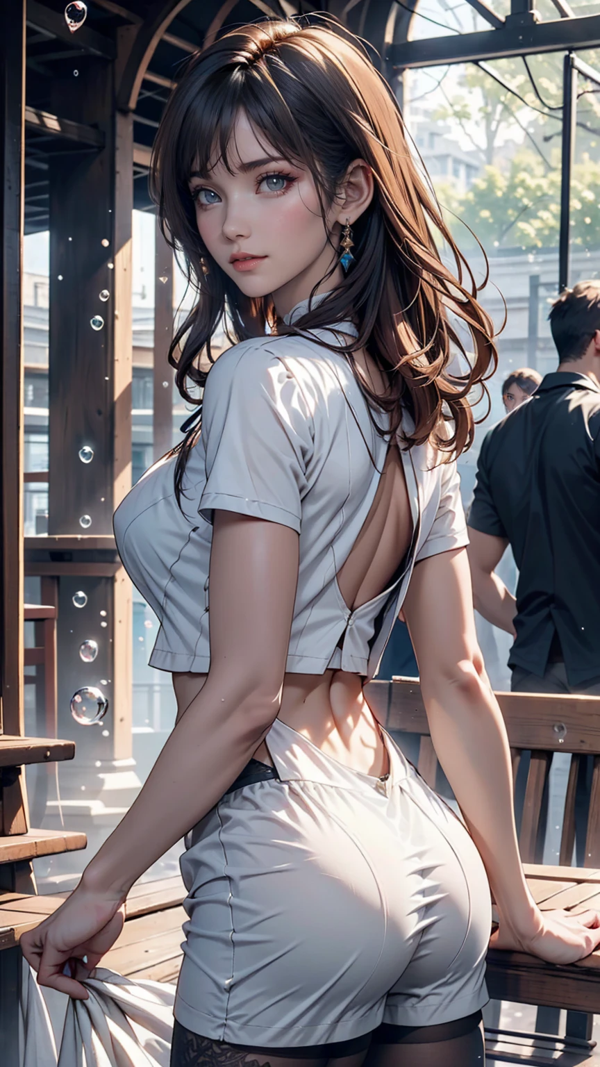 from below,dancing image,baggy t-shirt,swimsuit,(Thin type:1.5),(large breasts),(random hairstyle:1.2),(Highest image quality, (8K), Ultra-realistic, Best Quality, High quality, High Definition, high quality texture, high detailing, Beautiful detailed, fine detailed, extremely details CG, Detailed texture, realistic representation of face, masterpiece, presence)