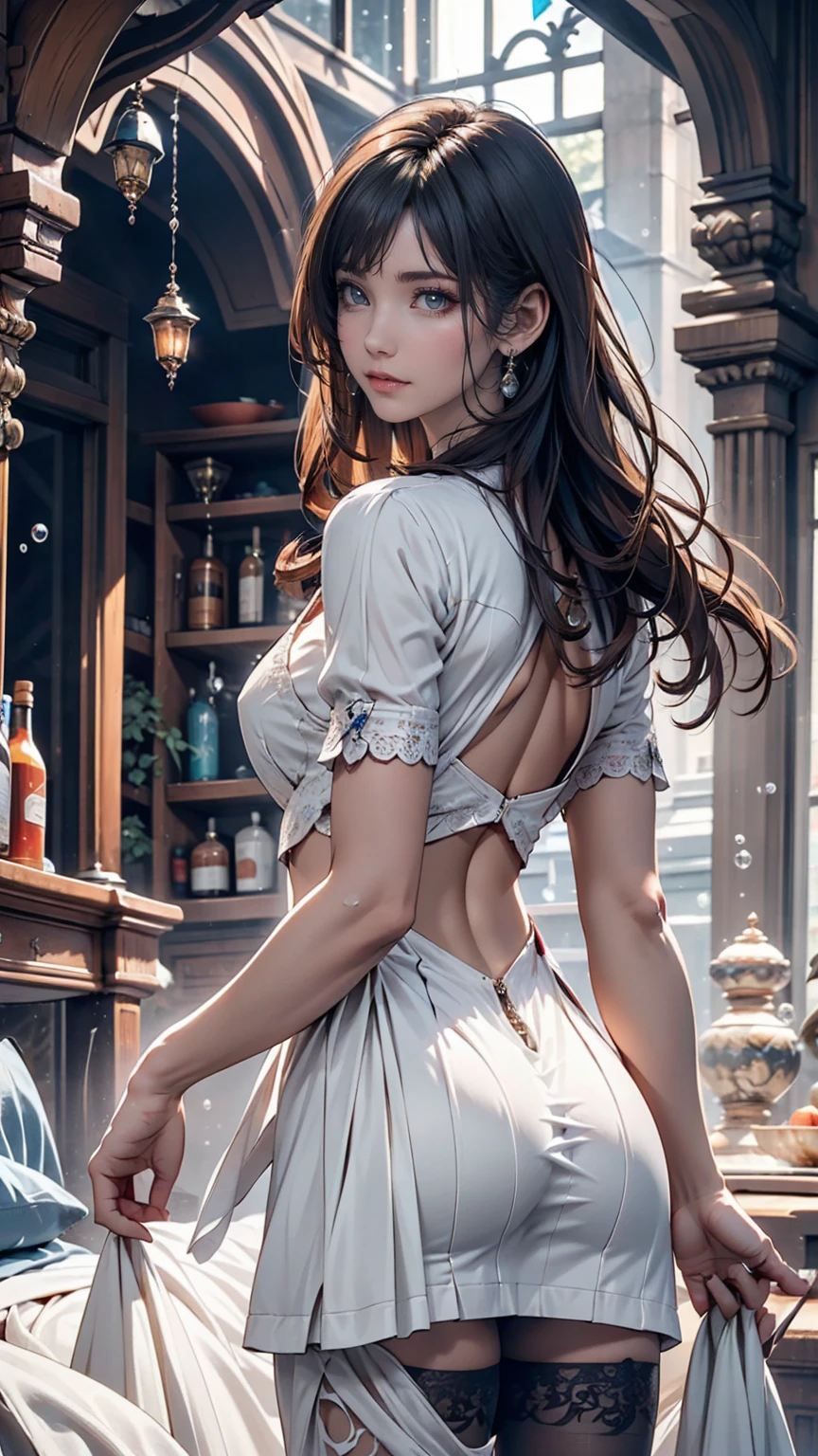 (((Exquisite))) Openwork tights, High quality details, Flowing, dynamic, (1 female), Bright Eyes, Full of energy, Fascinating front and back, Silk texture, Expressing high-quality texture, Giant bubbles, Soft Light, Full of realism, At the moment, this girl is in a fantasy world..