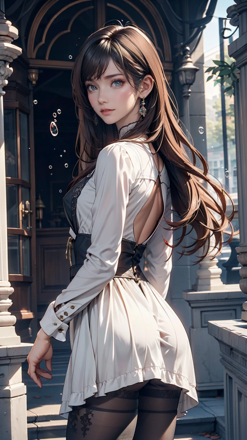 (((Exquisite))) Openwork tights, High quality details, Flowing, dynamic, (1 female), Bright Eyes, Full of energy, Fascinating front and back, Silk texture, Expressing high-quality texture, Giant bubbles, Soft Light, Full of realism, At the moment, this girl is in a fantasy world..