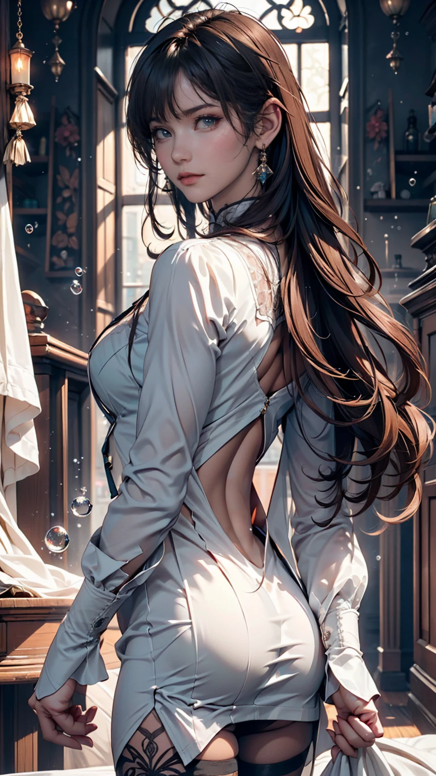 (((Exquisite))) Openwork tights, High quality details, Flowing, dynamic, (1 female), Bright Eyes, Full of energy, Fascinating front and back, Silk texture, Expressing high-quality texture, Giant bubbles, Soft Light, Full of realism, At the moment, this girl is in a fantasy world..