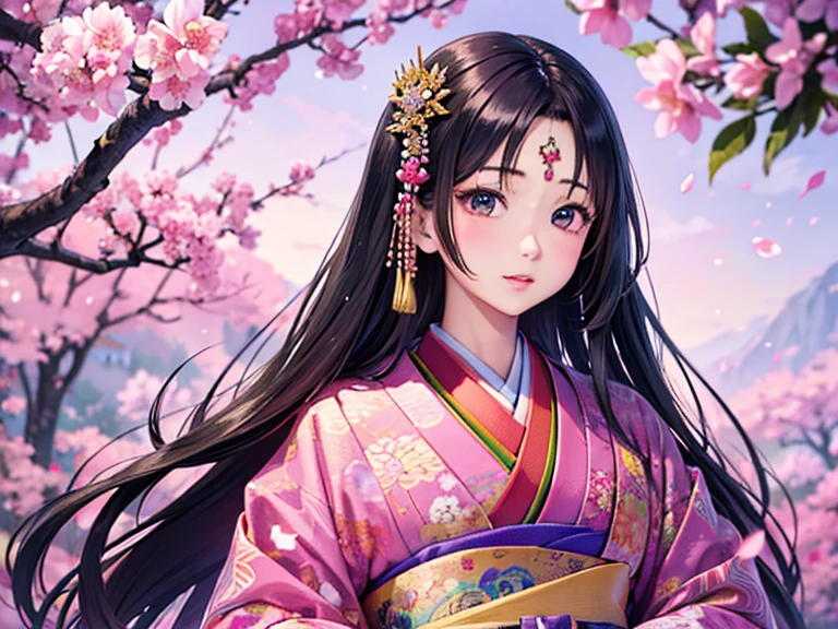 ( High resolution、 Super detailed、masterpiece、Highest quality、High resolution、8k、Detailed Anime)、Heian period、(NHK Taiga Drama、To the Shining One)、Fujiwara Akiko、Young beautiful woman、Beautiful Face、Beautiful Face、Pretty lips、12 single coats、(Full Body Shot)、Long black hair、Jewel Ornament、background、garden、Colorful flowers、Vibrant colors、Detailed CG、