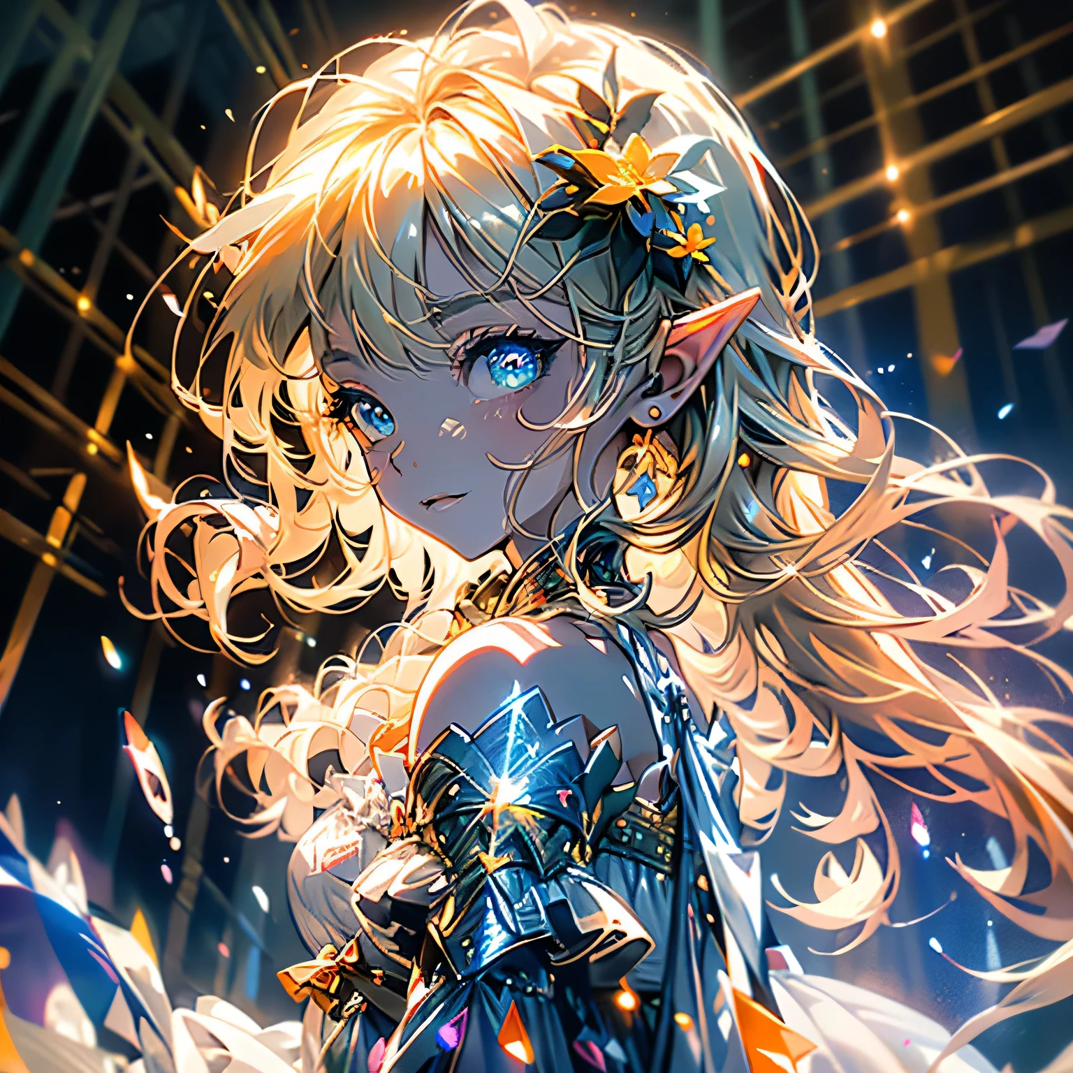 (8k), (masterpiece), (Highest quality), (Super Details), (Awards), (Game illustrations), (A woman in a noble dress, with a greeting face), Lens flare, Shining Light, standing in the forest with flowers, Model shoot, beautiful girl, Elf Girl, (Beautiful Face:0.8), slender blonde, White skin、Curly blonde, (Off the shoulder), (Small breasts), (rain in the background)