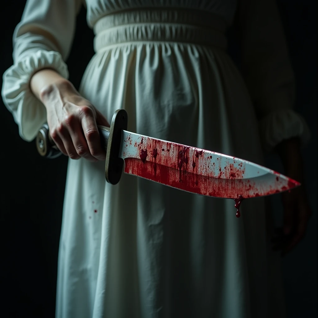 a woman's closeup hands gripping a bloodied large survival knife handle:1.7, white dress heavily stained with blood, blood dripping, horror,dramatic lighting,chiaroscuro,gritty,dark,moody,realistic,detailed,hyper-realistic,4k,8k,highres,masterpiece:1.2,ultra-detailed,realistic:1.37,professional,vivid colors,dramatic shadows