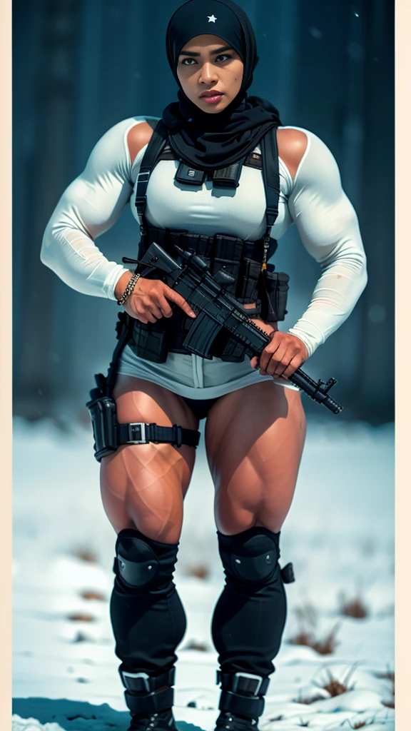 Photorealistic, high resolution, 1 malay woman in hijab, Solo, Hips up, Snow background，view the viewer, (Detailed face), White hijab, SWAT vests, sniper rifle handle, Black military uniform, bulletproof vest, Holding an assault rifle, M16, Inside the city, Very detailed, Perfect face, Black eye, jewelry