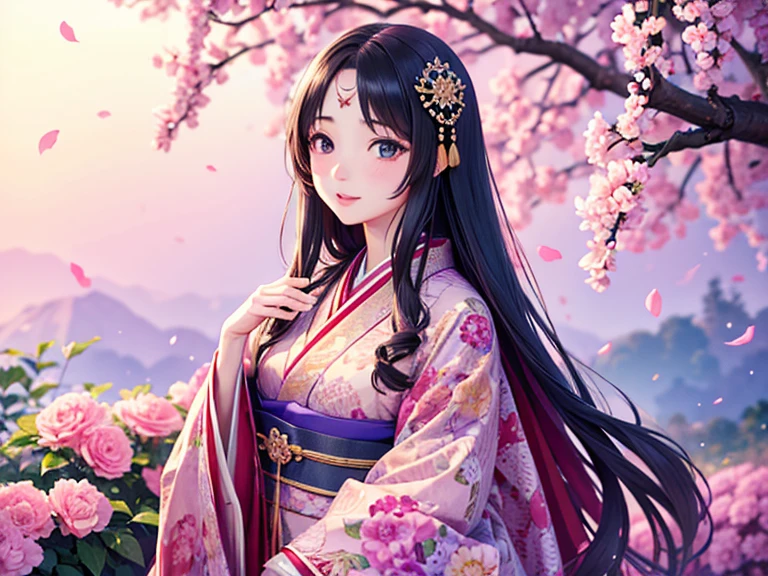 ( High resolution、 Super detailed、masterpiece、Highest quality、High resolution、8k、Detailed Anime)、Heian period、(NHK Taiga Drama、To the Shining One)、Fujiwara Akiko、Young beautiful woman、Beautiful Face、Beautiful Face、Pretty lips、12 single coats、(Full Body Shot)、Long black hair、Jewel Ornament、background、garden、Colorful flowers、Vibrant colors、Detailed CG、