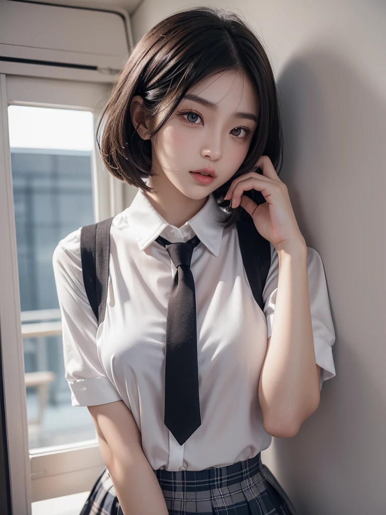 figure cover lips with hand while approaching kiss girl is beautiful japanese female and beautiful russian female mixed race only in the face age is 15 features of the whole body black hair medium straight bob cut hair style beautiful small face with short eyelashes boyish eyes only high nose dark blue pupils very thin upper lip milky white skin accurate attractive body shape beautiful bust waist hip s thighs knees legs choker and tie on neck wearing a school uniform with collar half opend eyes shy face kindly and slightly narrow room
