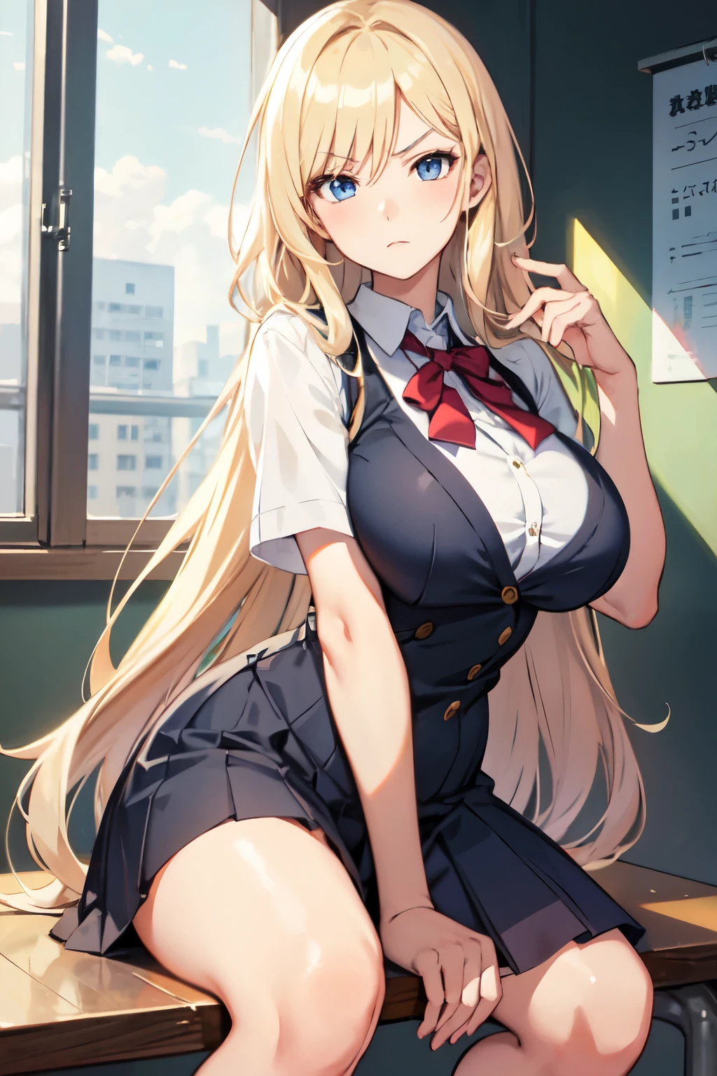 (schoolgirl)), ((anime)), 1girl, long hair, blond hair, hime cut, 2 sidelocks, stern expression, dark blue eyes, fair skin, big breasts, honor student