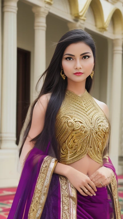 （1 girl）， full bodyesbian，Saint Seiya Armor， Wearing the golden armor of an Aries，sexy armor， Detailed armor pattern，Bling armor，Gorgeous Hair in Long Purple，Long hair，Shiny skin:1.4，primitive，tmasterpiece，ultra fine photos，，best qualtiy，Ultra-high resolution，Photoreality，rays of sunshine，full-body portraits，stunningly beautiful，dynamicposes，delicated face，Vibrant eyes，（seen from the side），Red and gold color scheme，Very detailed stone temple background，detailed face with，Detailed and complex busy background，untidy，opulent，Highly detailed skin，Realistic details of skin，Visible Pore，tack sharp focus，volume fog，8K  UHD，digital SLR camera，high qulity，filmgrain，White skin of the，photo-realism，DL， look from down, semi transparent