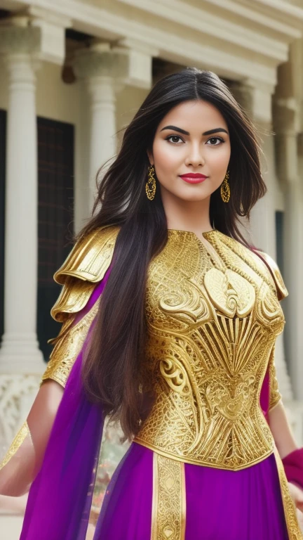（1 girl）， full bodyesbian，Saint Seiya Armor， Wearing the golden armor of an Aries，sexy armor， Detailed armor pattern，Bling armor，Gorgeous Hair in Long Purple，Long hair，Shiny skin:1.4，primitive，tmasterpiece，ultra fine photos，，best qualtiy，Ultra-high resolution，Photoreality，rays of sunshine，full-body portraits，stunningly beautiful，dynamicposes，delicated face，Vibrant eyes，（seen from the side），Red and gold color scheme，Very detailed stone temple background，detailed face with，Detailed and complex busy background，untidy，opulent，Highly detailed skin，Realistic details of skin，Visible Pore，tack sharp focus，volume fog，8K  UHD，digital SLR camera，high qulity，filmgrain，White skin of the，photo-realism，DL， look from down, semi transparent