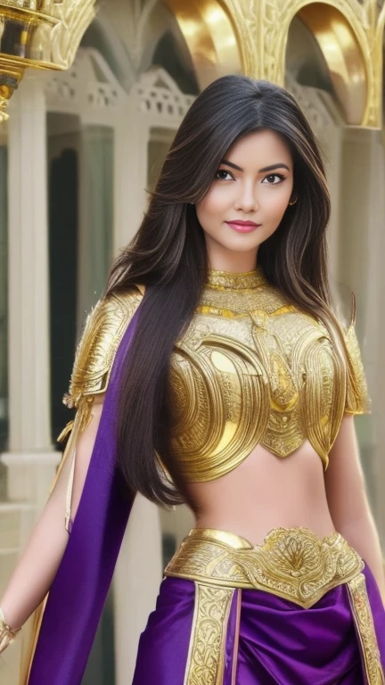 (1 girl), full bodyesbian,Saint Seiya Armor, Wearing the golden armor of an Aries,sexy armor, Detailed armor pattern,Bling armor,Gorgeous Hair in Long Purple,Long hair,Shiny skin:1.4,primitive,tmasterpiece,ultra fine photos,,best qualtiy,Ultra-high resolution,Photoreality,rays of sunshine,full-body portraits,stunningly beautiful,dynamicposes,delicated face,Vibrant eyes,(seen from the side),Red and gold color scheme,Very detailed stone temple background,detailed face with,Detailed and complex busy background,untidy,opulent,Highly detailed skin,Realistic details of skin,Visible Pore,tack sharp focus,volume fog,8K UHD,digital SLR camera,high qulity,filmgrain,White skin of the,photo-realism,DL, look from down, semi transparent
