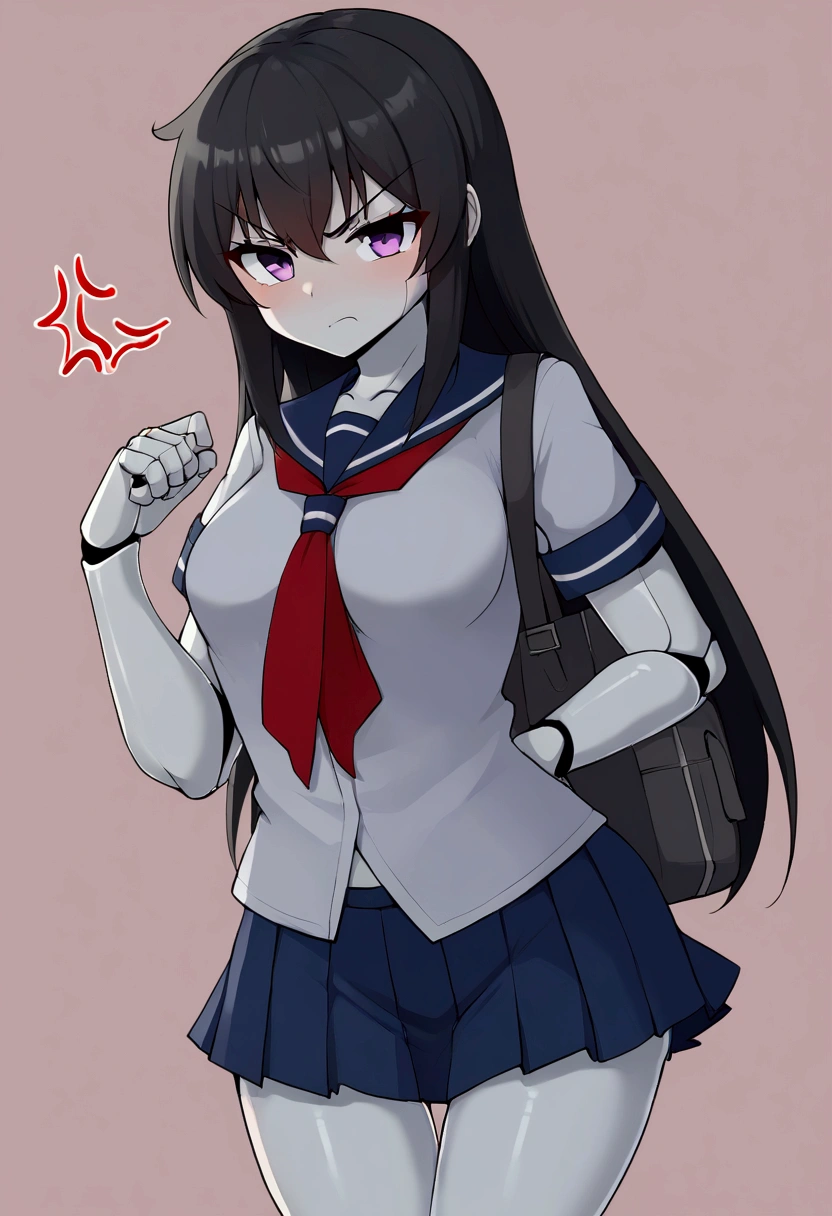 Angry little sexy girl robot, Japanese animation, miniskirt, hair, arms and legs, thigh, school uniform clothes