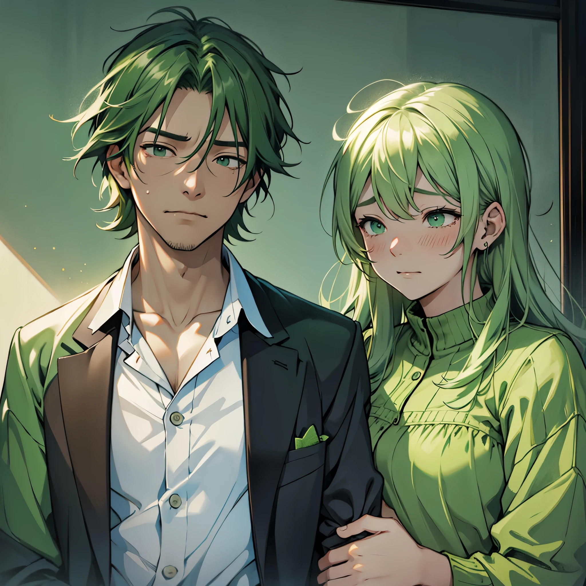 Imagine an MBTI advocate.、A man and a woman in green clothing crying with sadness.。In a gentle atmosphere。