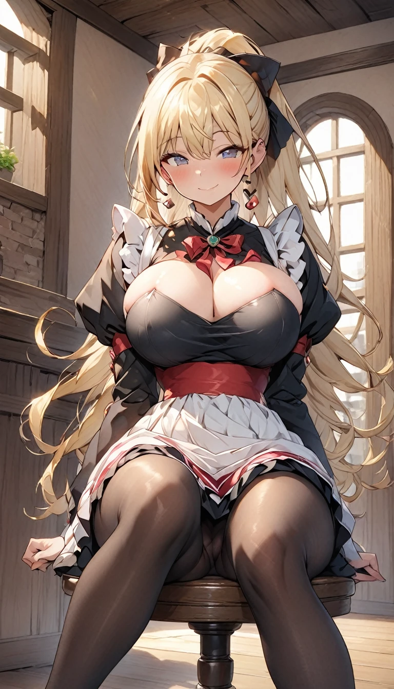 One Woman、beautiful girl、maid、20-year-old、Blonde、ponytail、Western-style building、maidの、頭にmaidカチューシャ、Short skirt、Black Pantyhose、Ultra-definition image quality、Highest quality, smile,Big Breasts、Very large breasts、Sit on a chair、Crossing your legs、Sitting with legs spread open、Poses that accentuate the chest、Smiling with narrowed eyes、breast enhancement