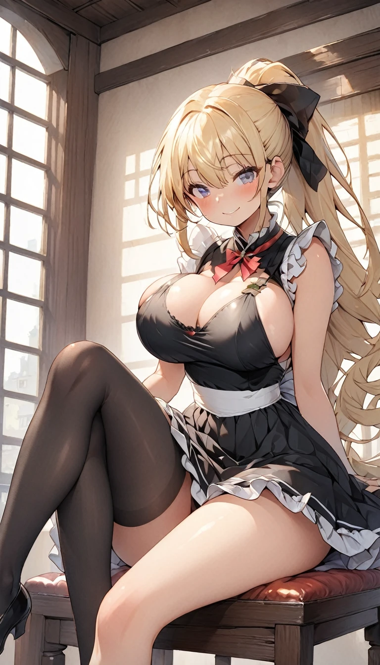 One Woman、beautiful girl、maid、20-year-old、Blonde、ponytail、Western-style building、maidの、頭にmaidカチューシャ、Short skirt、Black Pantyhose、Ultra-definition image quality、Highest quality, smile,Big Breasts、Very large breasts、Sit on a chair、Crossing your legs、Sitting with legs spread open、Poses that accentuate the chest、Smiling with narrowed eyes、breast enhancement