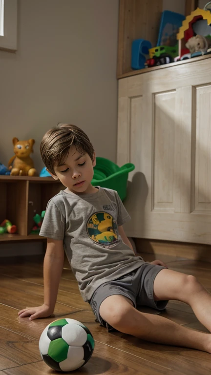 A young boy with light brown hair is sitting on the floor indoors, focused on playing with a dinosaur toy that he holds in his hand. He is wearing a light gray t-shirt and colorful shorts. The background shows a playful, child-friendly environment with toys scattered around, including a green and red plastic slide, a soccer ball, and a lion toy on the floor. The floor is made of dark tiles, and the room has a cozy atmosphere. The boy's expression is one of concentration and curiosity as he engages with his toy