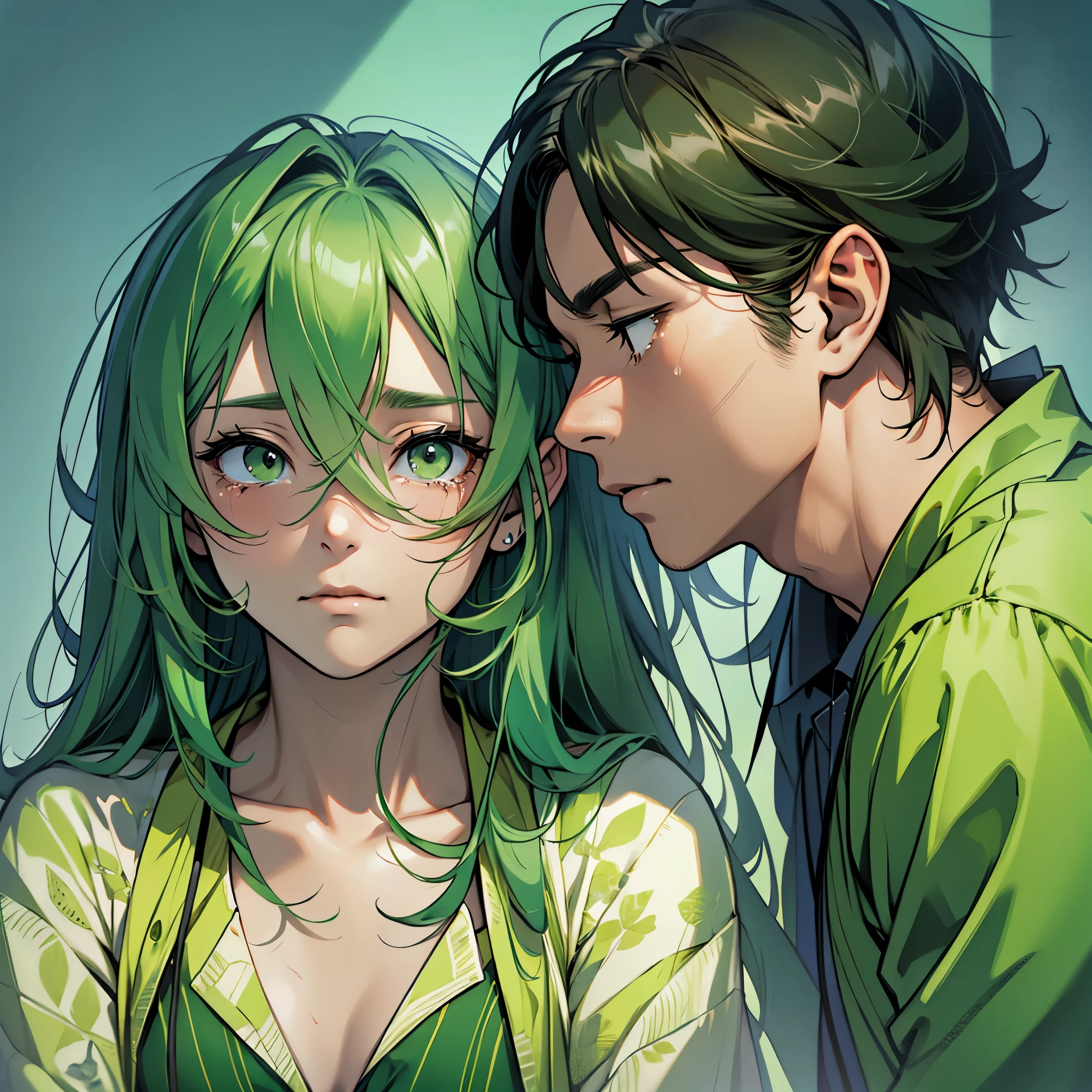 Imagine an MBTI advocate.、A man and a woman in green clothing crying with sadness.。In a gentle atmosphere。