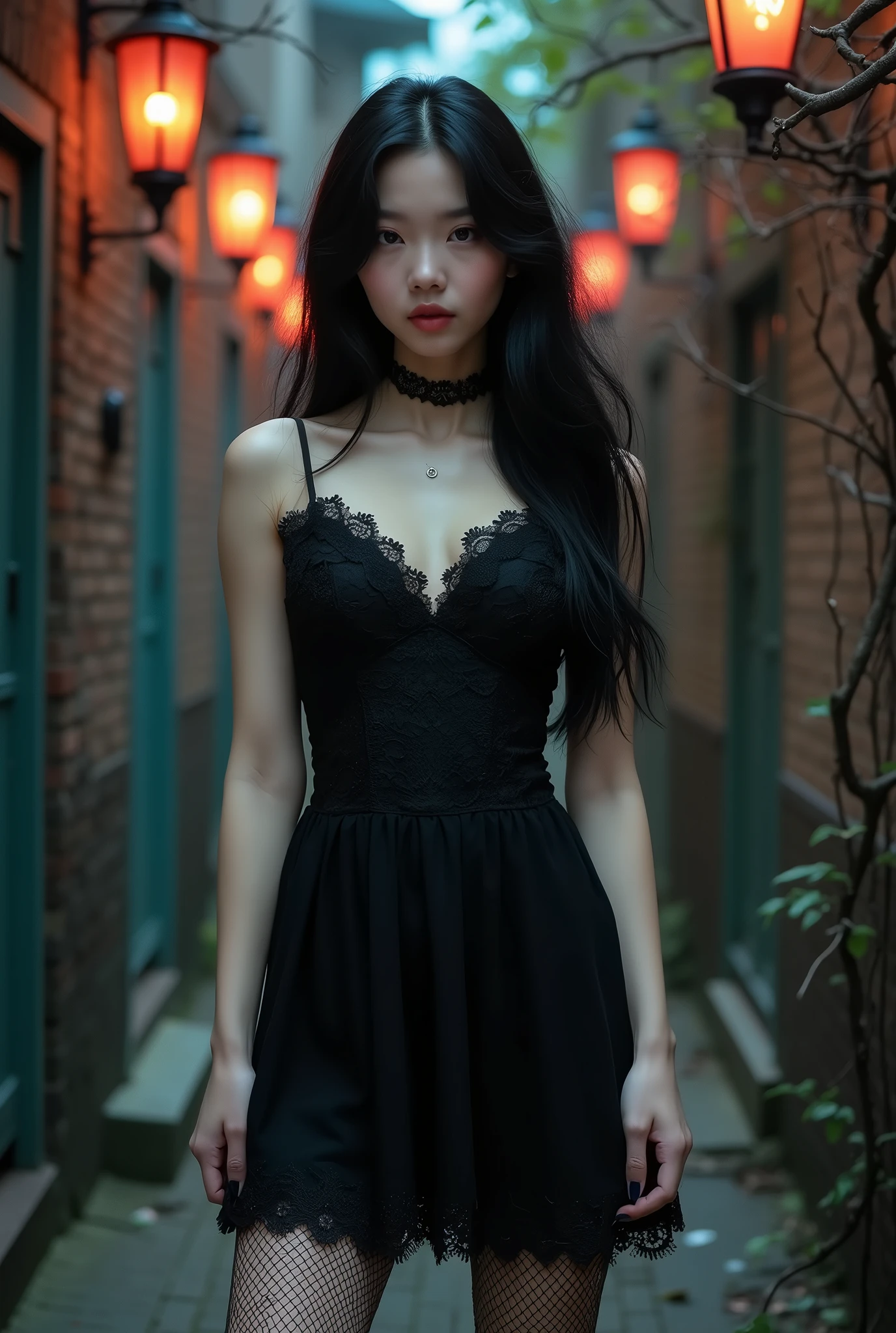 korean girl, gothic and with fishnet stockings