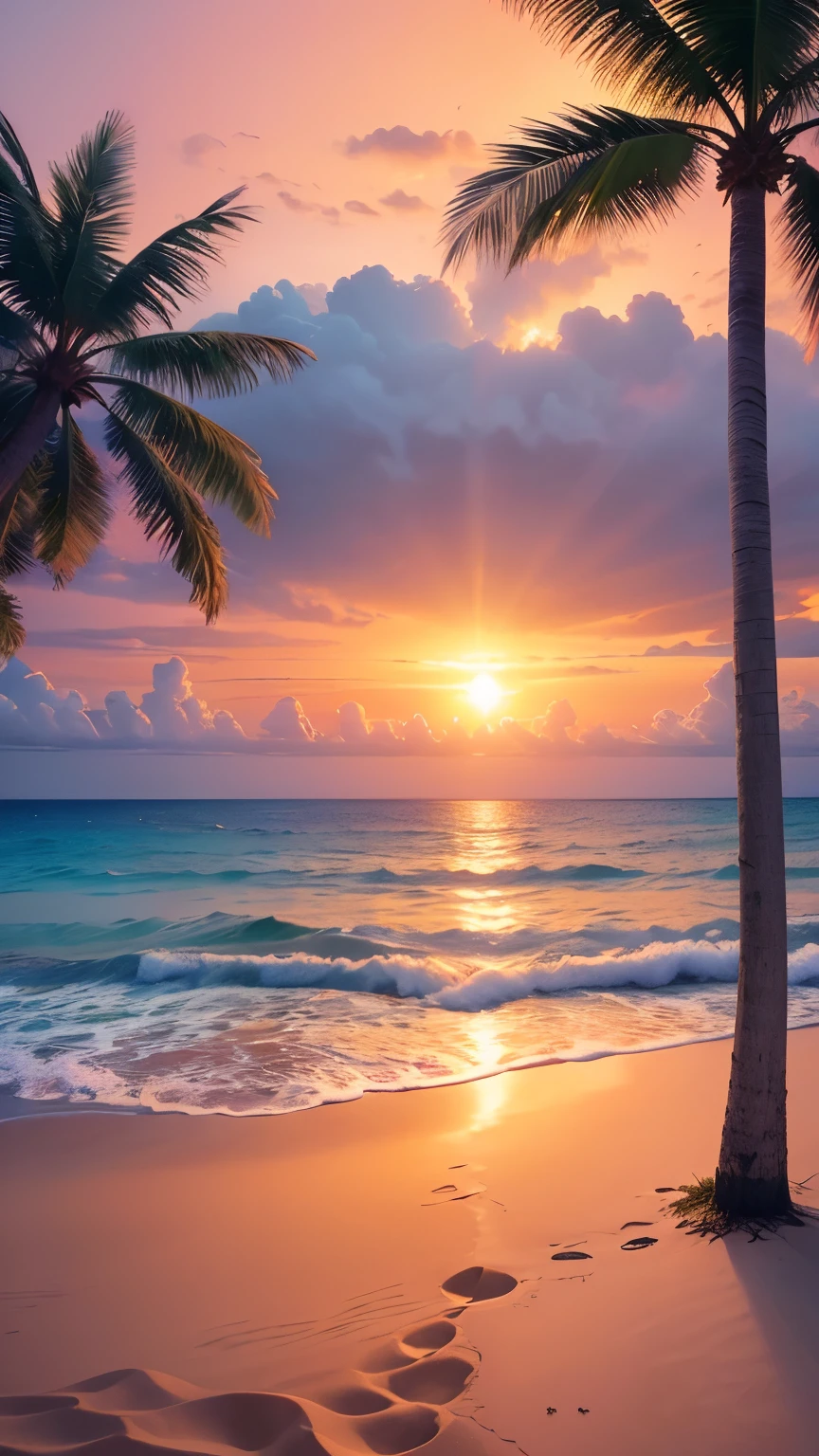 (Realistic,photoRealistic:1.37),Peaceful beach,Calm sea,Calm waves,Sandy Beach,Soft white sand,Crystal clear water,Peaceful atmosphere,Sunset sky,Coconut Tree,quiet horizon,Pleasant breeze,Tropical paradise