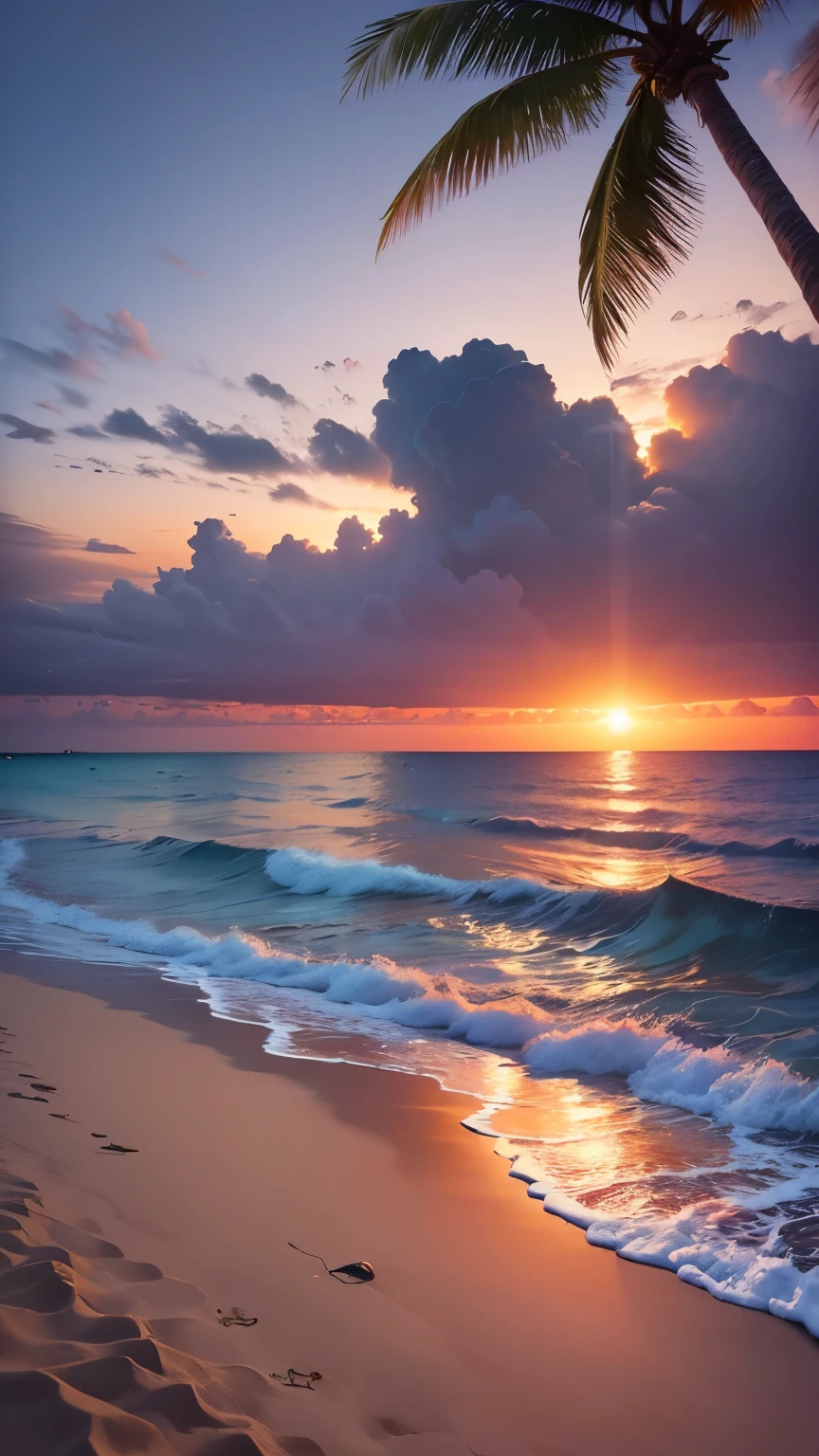 (Realistic,photoRealistic:1.37),Peaceful beach,Calm sea,Calm waves,Sandy Beach,Soft white sand,Crystal clear water,Peaceful atmosphere,Sunset sky,Coconut Tree,quiet horizon,Pleasant breeze,Tropical paradise