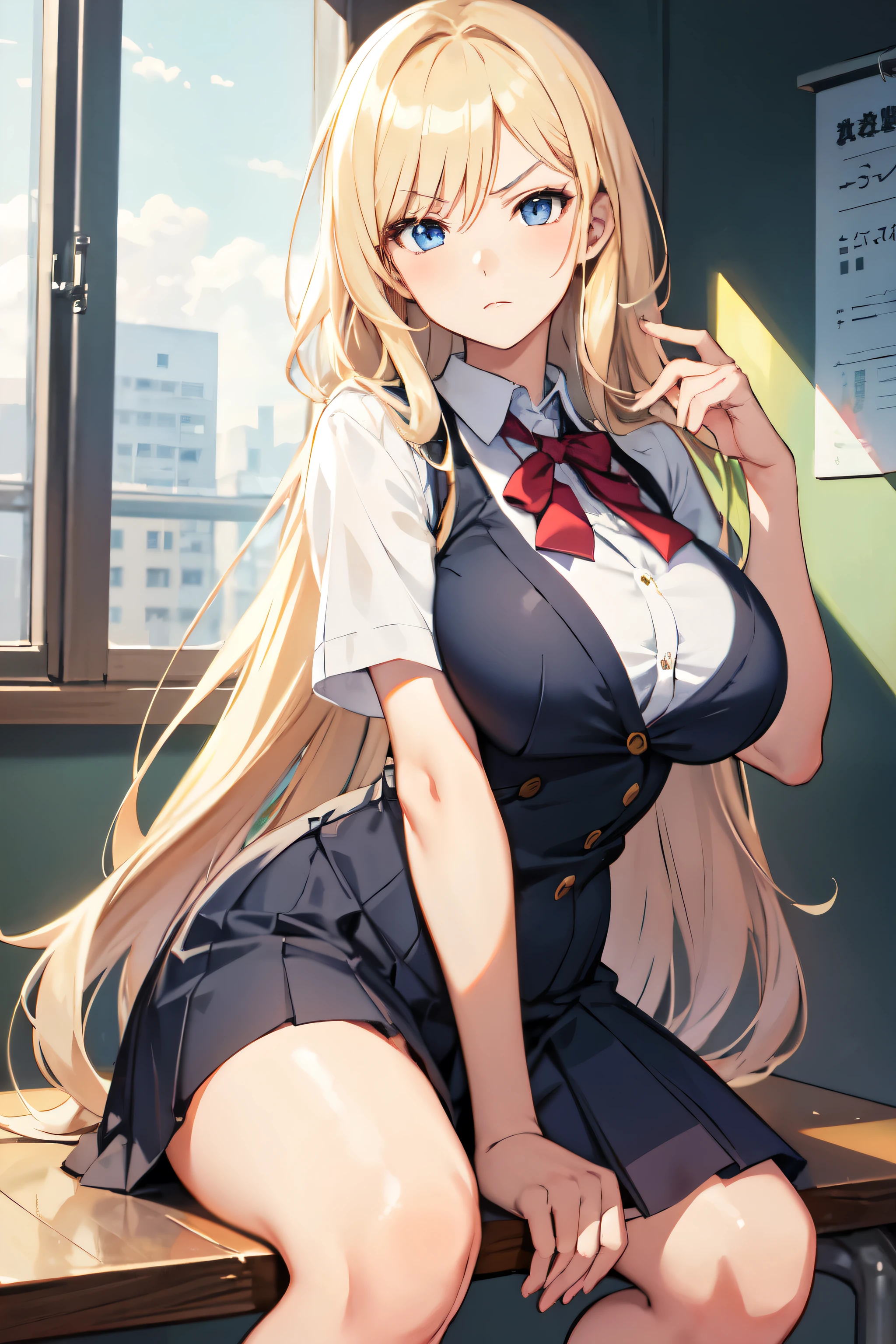 (girl)), ((anime)), 1girl, long hair, blond hair, hime cut, 2 sidelocks, stern expression, dark blue eyes, fair skin, big breasts, honor student